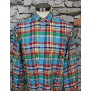 BUGATCHI Uomo Luxurious Men's Shirt Madras Plaid All Linen Contrast Cuff Large